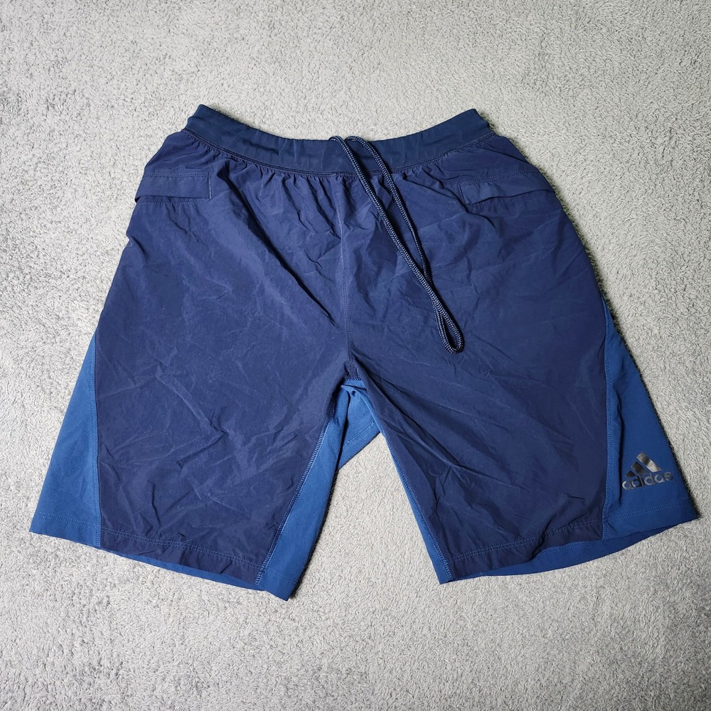 Adidas Mens L Climalite Athletic Shorts Blue Colorblock Drawstring Zipper Pocket